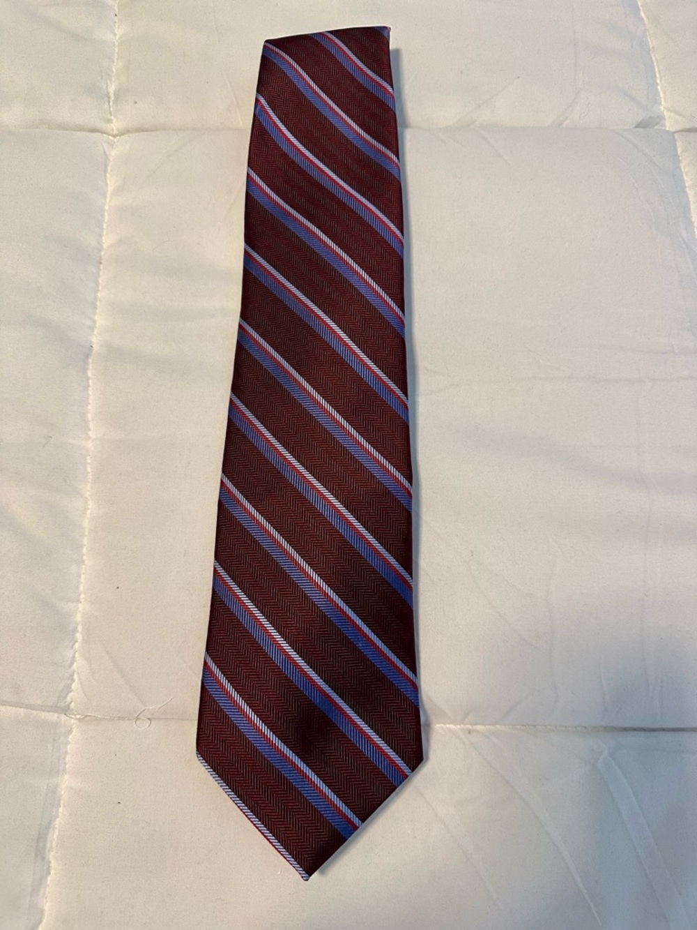 Brooks Brothers Burgundy Tie with Blue and Light-Blue Stripes